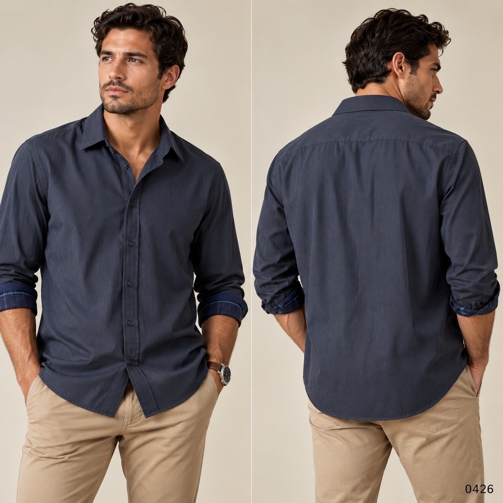 Egara Mens XL Slim Fit Non-Iron Button Down Shirt Navy Blue Micro Stripe 0426